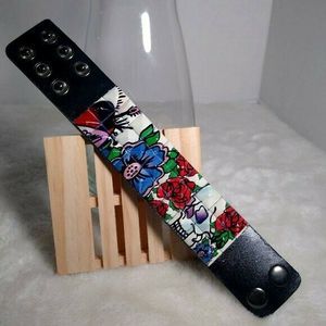 Floral and Skull Studded Bracelet Vegan Leather Snap Closure Black